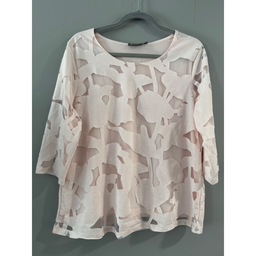 Gia Curves Women's Floral Sheer 3/4 Sleeve Tunic Top Blush Pink Size L‎